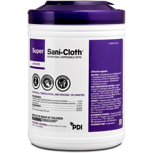 PDI Super Sani-Cloth Germicidal Disposable Wipe - 6.75" Length x 6" Width - 160 / Canister - 1 Each - Disposable, Disinfectant, Deodorize, Latex-free, Bleach-free, Virucidal, Fungicide, Strong, Pre-moistened, Antimicrobial