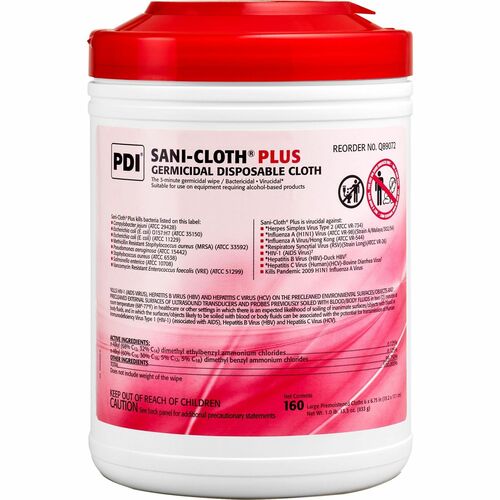 PDI Sani-Cloth Plus Germicidal Disposable Cloth - 6.75" Length x 6" Width - 160 / Canister - 1 Each - Disposable, Disinfectant, Deodorize, Fungicide, Virucidal, Bactericide, Latex-free, Bleach-free, Pre-moistened, Antimicrobial - White