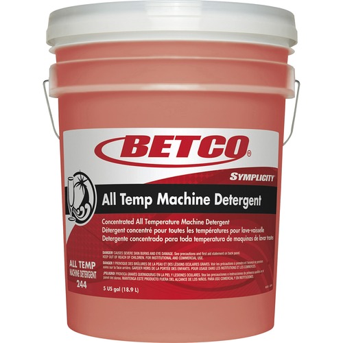 Betco Symplicity All Temp Machine Detergent - 640 fl oz (20 quart) - Surfactant Scent - 1 Each - Heavy Duty, Low Foaming, Spill Resistant, Rinse-free, Non-chlorine Bleached - Clear, Orange