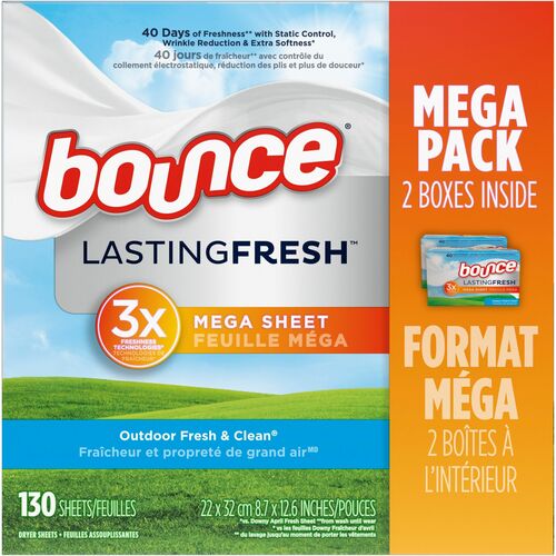 Bounce Mega Dryer Sheets - Sheet - Outdoor Fresh Scent - 65 / Box - 2 / Pack - White