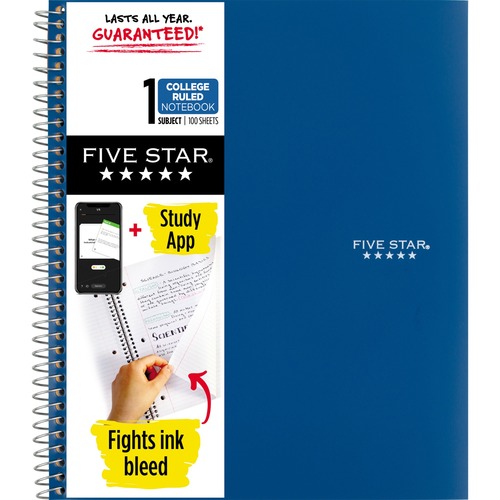 Five Star Wirebound Notebook - 1 Subject(s) - 100 Pages - Wire Bound - College Ruled - Letter - 8 1/2" x 11" - Blue Cover - Double Sided Sheet, Durable, Water Resistant, Wear Resistant, Tear Proof, Spill Resistant, Pocket, Opaque - 1 Each