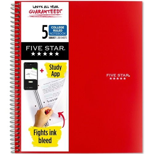 Five Star Wirebound Notebook - 5 Subject(s) - 200 Pages - Wire Bound - College Ruled - Letter - 8 1/2" x 11" - Red Cover - Double Sided Sheet, Durable, Water Resistant, Wear Resistant, Tear Proof, Spill Resistant, Pocket, Opaque - 1 Each