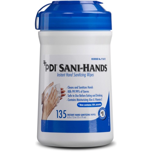 PDI Sani-Hands Instant Hand Sanitizing Wipes - 6" x 7.50" - White - Hygienic, Moisturizing - For Hand, Residential - 135 Per Canister - 1 Each