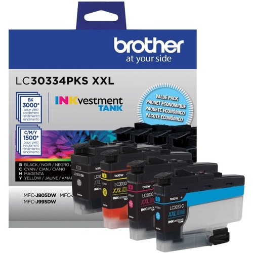Brother LC3033 Genuine High-Yield Multi-Pack Ink, Black/Cyan/Magenta/Yellow, Pack Of 4 Cartridges, LC30334PKS - 3000 Pages Black, 1500 Pages Cyan, 1500 Pages Magenta, 1500 Pages Yellow