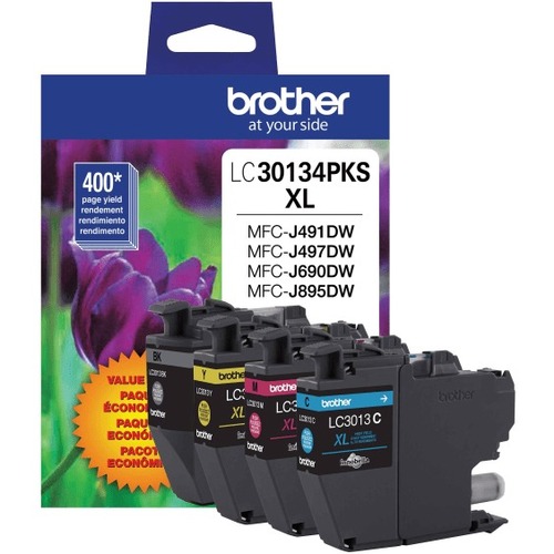 Brother LC3013 High-Yield Multi-Pack Ink, Black/Cyan/Magenta/Yellow, Pack Of 4 Cartridges, LC30134PKS - 400 Pages Black, 400 Pages Cyan, 400 Pages Magenta, 400 Pages Yellow