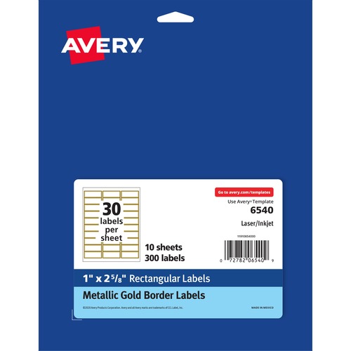 Avery® Permanent Address Labels - 1" Width x 2 5/8" Length - Permanent Adhesive - Rectangle - Inkjet, Laser - Matte White, Metallic Gold - 30 / Sheet - 10 Total Sheets - 300 / Pack - Permanent Adhesive, Peel-off, Curl Resistant, Stick & Stay, Pop Up E