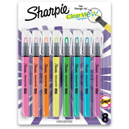 Sharpie Clear View Highlighter - Fine Marker Point - Chisel Marker Point Style - Yellow, Pink, Orange, Coral, Blue, Purple, Fluorescent Green - 8 / Pack