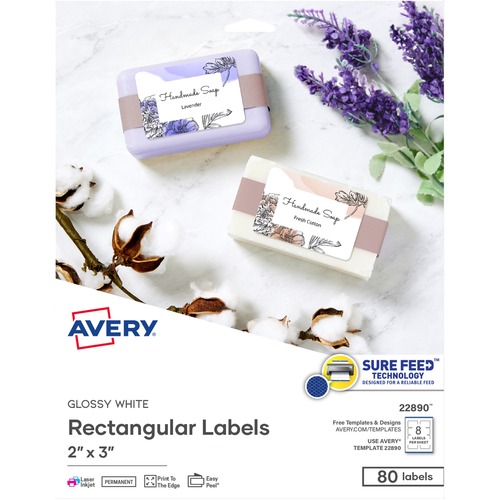 Avery® Glossy White Labels, 2" x 3" , 80 Labels (22890) - 2" Height x 3" Width - Permanent Adhesive - Rectangle - Gloss White - 8 / Sheet - 80 / Pack - Jam-free, Stick & Stay, Smudge Proof, Foldable