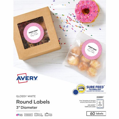 Avery® Glossy White Labels, 3" Round, 60 Labels (22891) - - Height3" Diameter - Permanent Adhesive - Round - Gloss White - 6 / Sheet - 60 / Pack - Jam-free, Stick & Stay, Smudge Proof, Foldable