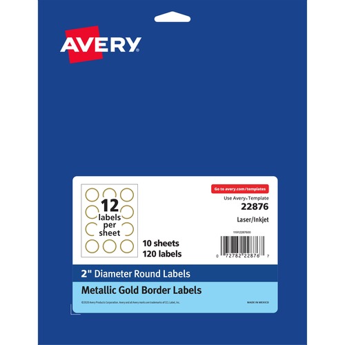 Avery® Easy Peel Round Labels - - Width2" Diameter - Permanent Adhesive - Round - Inkjet, Laser - White, Metallic Gold - Paper - 12 / Sheet - 120 / Pack - Peel-off, Curl Resistant, Stick & Stay, Pop Up Edge, Tear Proof