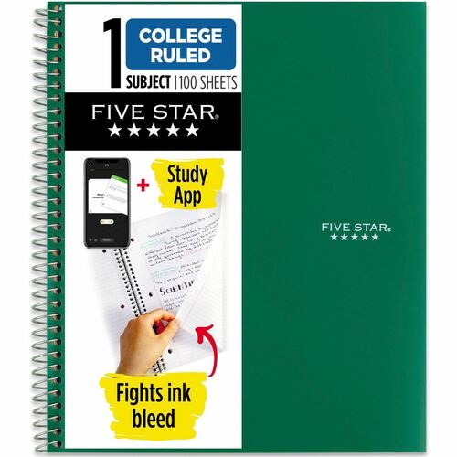 Five Star Wirebound Notebook - 1 Subject(s) - 100 Sheets - 100 Pages - Wire Bound - Letter - 8 1/2" x 11" - Forest GreenPlastic Cover - Double Sided Sheet, Bleed Resistant, Perforated, Storage Pocket, Water Resistant, Spiral Lock, Snag Resistant, Recyclab