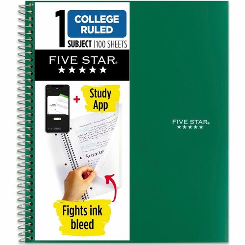 Five Star Wirebound Notebook - 1 Subject(s) - 100 Sheets - 100 Pages - Wire Bound - Letter - 8 1/2" x 11" Sheet Size - Forest Green Plastic Cover - Double Sided Sheet, Bleed Resistant, Perforated, Storage Pocket, Water Resistant, Spiral Lock, Snag Resista