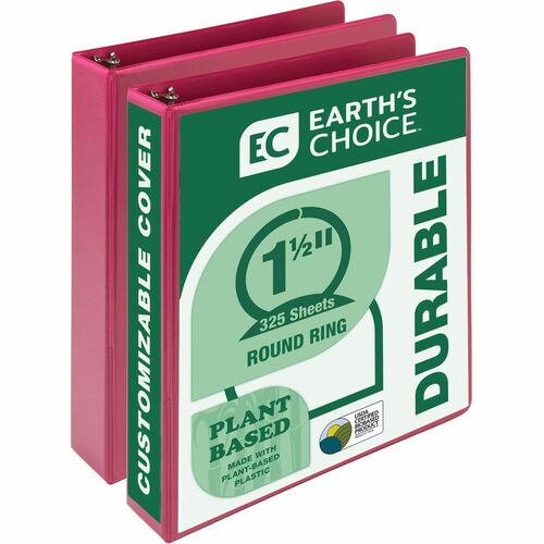 Samsill Earth's Choice Plant-based View Binders - 1 1/2" Binder Capacity - Letter - 8 1/2" x 11" Sheet Size - 3 x Round Ring Fastener(s) - Chipboard, Polypropylene, Plastic - Berry - Recycled - Bio-based, Durable, Recyclable, Punched, Clear Overlay, Non-g