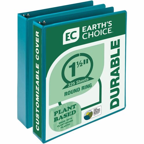 Samsill Earth's Choice Plant-based View Binders - 1 1/2" Binder Capacity - Letter - 8 1/2" x 11" Sheet Size - 3 x Round Ring Fastener(s) - Chipboard, Polypropylene, Plastic - Turquoise - Recycled - Bio-based, Durable, Recyclable, Punched, Clear Overlay, N
