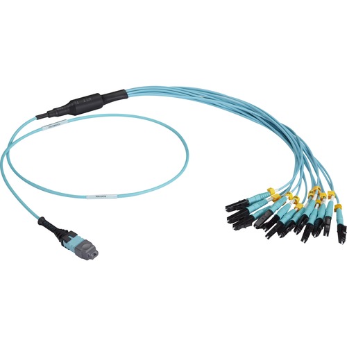Black Box MTP OM3 Fiber Optic Harness Cable - Plenum, 12-Strand - 9.84 ft Fiber Optic Network Cable for Patch Panel, Network Device, Blade Server, Switch - First End: 1 x MTP/MPO Network - Second End: 12 x LC Network - Male - Trunk Cable - Plenum - Aqua, 