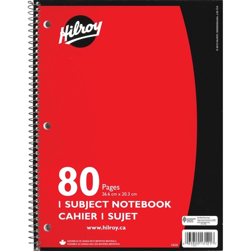 Hilroy Notebook - 1 Subject(s) - 80 Pages - Spiral - 3 Hole(s) - 10.50" (266.70 mm) x 8" (203.20 mm) - Hole-punched