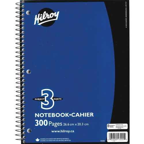 Hilroy Notebook - 3 Subject(s) - 300 Pages - Spiral - 3 Hole(s) - 10.50" (266.70 mm) x 8" (203.20 mm) - Hole-punched
