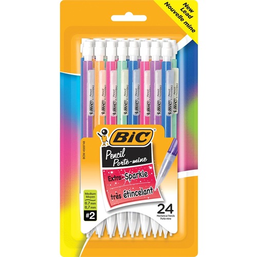 BIC Extra-Sparkle Mechanical Pencil, HB Lead, Metallic Barrel, Fine Point (0.7mm), Black, 8-Count - 0.7 mm Lead Diameter - Assorted Barrel - 24 / Pack