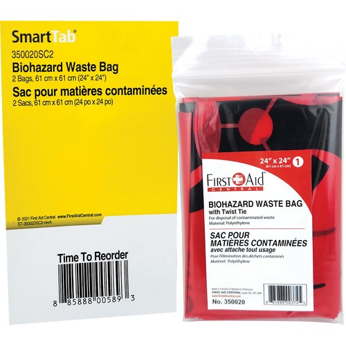 First Aid Central Biohazard Waste Bag, 61 x 61 cm (24" x 24"), 2 per Pack, SmartCompliance Refill - 24" (609.60 mm) Width x 24" (609.60 mm) Length - Waste Disposal