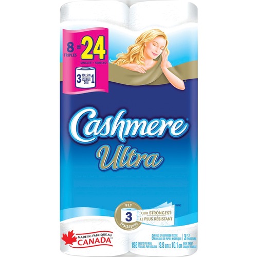 Cashmere Ultra Bathroom Tissue - 3 Ply - 198 Sheets/Roll - Strong, Soft, Thick, Hypoallergenic - For Bathroom - 8 / Pack