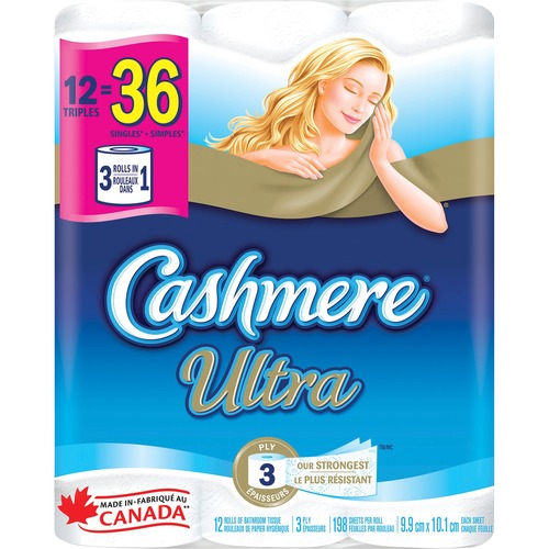 Cashmere Ultra Bathroom Tissue - 3 Ply - 198 Sheets/Roll - Strong, Soft, Thick, Hypoallergenic - For Bathroom - 12 / Pack