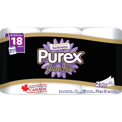 Purex UltraLuxe Bathroom Tissue - 2 Ply - 198 Sheets/Roll - White - Soft, Hypoallergenic, Septic Safe, Sewer-safe - For Bathroom, Toilet - 6 / Pack