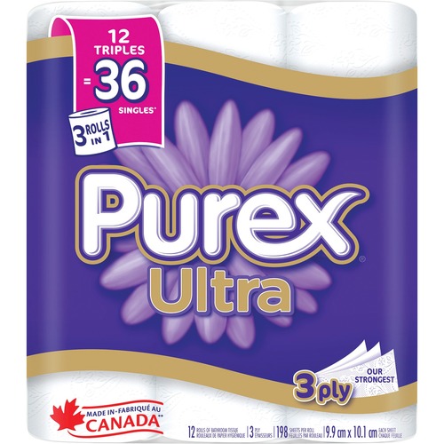 Purex Ultra Bathroom Tissue - 3 Ply - 198 Sheets/Roll - White - Strong, Hypoallergenic, Septic Safe, Sewer-safe - For Bathroom, Toilet - 12 / Pack