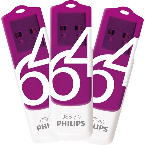 Philips Vivid 64GB USB 3.0 Flash Drive - 64 GB - USB 3.0 - White, Purple - 3 / Pack