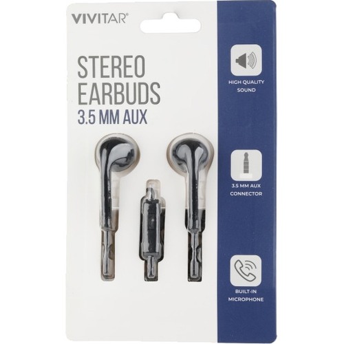 Vivitar Wired Stereo Earbuds, Black, NIL8001 - Stereo - Mini-phone (3.5mm) - Wired - Earbud - Binaural - In-ear - Black