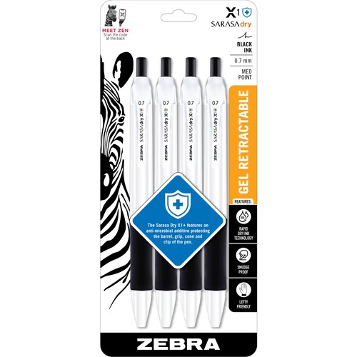 Zebra Pen SARASA dry X1+ Gel Retractable Antimicrobial Pen - Medium Pen Point - 0.7 mm Pen Point Size - Refillable - Retractable - Black - Plastic Barrel - 4 Pack