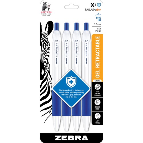 Zebra Pen SARASA dry X1+ Gel Retractable Antimicrobial Pen - Medium Pen Point - 0.7 mm Pen Point Size - Refillable - Retractable - Blue - Plastic Barrel - 4 Pack