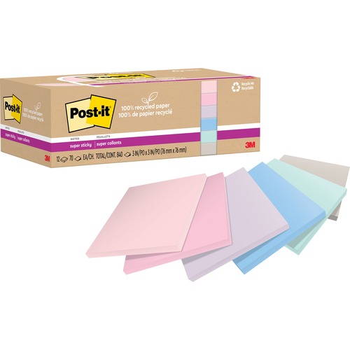 Post-it® Recycled Super Sticky Notes - 70 - 3" x 3" - Square - 70 Sheets per Pad - Wanderlust Pastels - Adhesive - 12 / Pack - Recycled