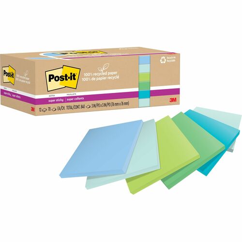Post-it® Recycled Super Sticky Notes - 70 - 3" x 3" - Square - 70 Sheets per Pad - Assorted Oasis - Adhesive - 12 / Pack - Recycled