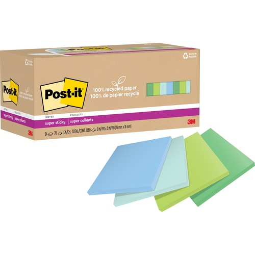 Post-it® Recycled Super Sticky Notes - 70 - 3" x 3" - Square - 70 Sheets per Pad - Assorted Oasis - Adhesive - 24 / Pack - Recycled