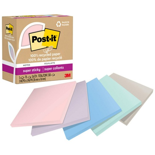 Post-it® Recycled Super Sticky Notes - 70 - 3" x 3" - Square - 70 Sheets per Pad - Wanderlust Pastels - Adhesive - 5 / Pack - Adhesive Note Pads - MMM654R5SSNRP