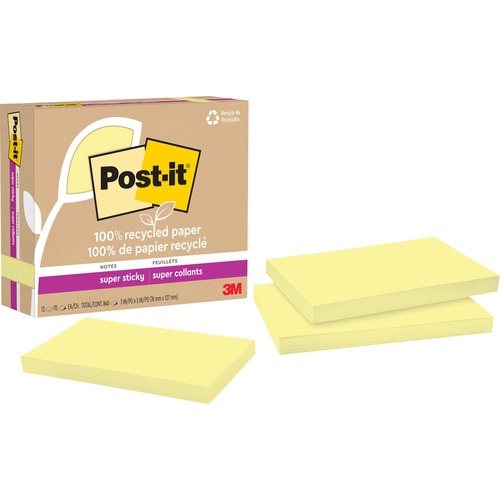 Post-it® Recycled Super Sticky Notes - 90 - 3" x 5" - Rectangle - 90 Sheets per Pad - Canary Yellow - Adhesive - 5 / Pack - Recycled