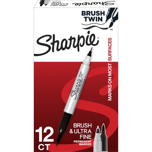 Sharpie Brush Twin Permanent Markers - Fine, Broad, Ultra Fine Marker Point - Black - 12 / Dozen