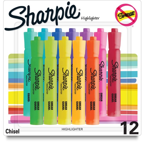 Sharpie SmearGuard Tank Style Highlighters - Wide, Narrow Marker Point - Chisel Marker Point Style - Assorted - 12 / Pack