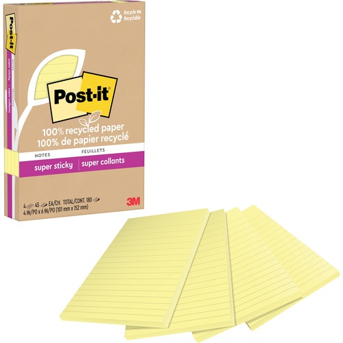 Post-it® Super Sticky Adhesive Note - 4" x 6" - Rectangle - 45 Sheets per Pad - Canary Yellow - Repositionable - 4 / Pack - Recycled