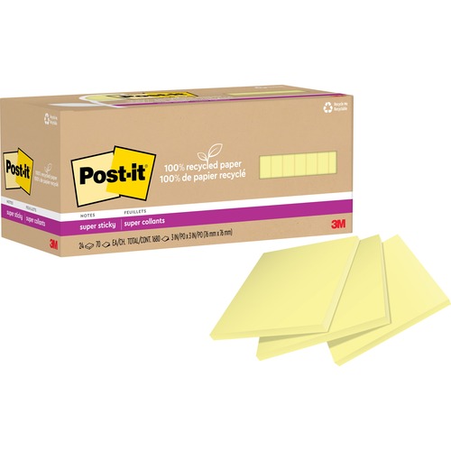 Post-it® Super Sticky Adhesive Note - 3" x 3" - Square - 70 Sheets per Pad - Canary Yellow - Repositionable - 24 / Pack