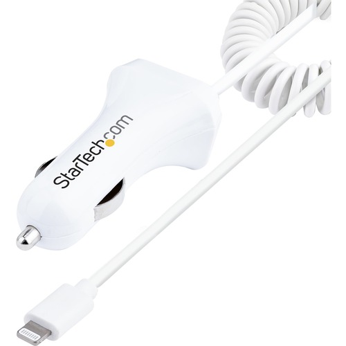 StarTech.com Lightning Car Charger with Coiled Cable, 1m Built-in Cable, 12W, White, 2 Port USB Car Charger Adapter, In Car iPhone Charger - Dual Device car charger charges two mobile devices up to 2.1A simultaneously; Built-in coiled Lightning cable prov