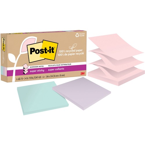 Post-it® Super Sticky Adhesive Note - 3" x 3" - Square - 70 Sheets per Pad - Wanderlust Pastels - Repositionable, Recyclable, Pop-up - 6 / Pack