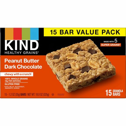 KIND Healthy Grains Bars - Trans Fat Free, Gluten-free, Low Sodium, Cholesterol-free - Peanut Butter Dark Chocolate - 1.20 oz - 15 / Box