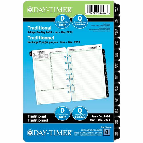 Day-Timer® Refill Daily Desk Size 2PPD Bilingual - Daily - 1 Day Double Page Layout - 7 x Holes - Desk - 8.5" Height x 5.5" Width - Reference Month