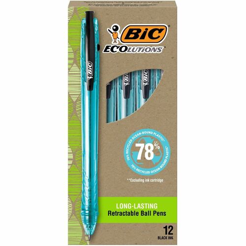 BIC Ecolutions Ballpoint Pen - Medium Pen Point - 1 mm Pen Point Size - Refillable - Retractable - Black - Semi Clear Barrel - 12 / Pack