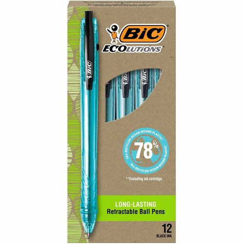 BIC Ecolutions Ballpoint Pen - 1 mm Medium Pen Point - Refillable - Retractable - Black Ink - Semi Clear Barrel - 1 Dozen