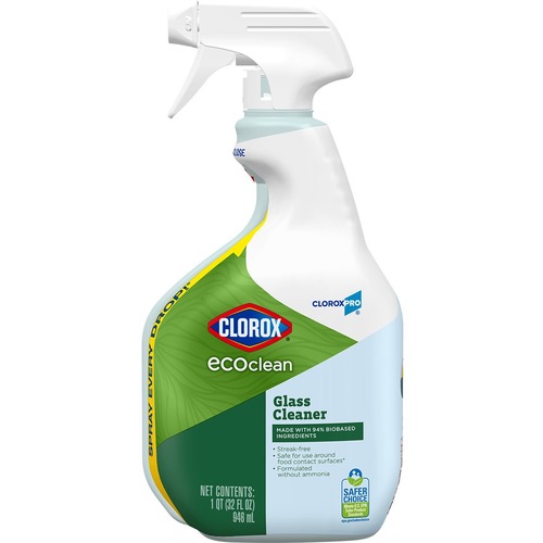 CloroxPro™ EcoClean Glass Cleaner - Ready-To-Use - 32 fl oz (1 quart) - Ammonia-free, Paraben-free, Dye-free, Phthalate-free, Phosphate-free, Petroleum Free, Bleach-free, Rinse-free Spray Bottle