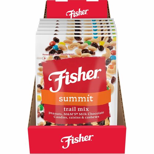 Fisher Summit Trail Mix - Resealable Bag - Peanut, Milk, Chocolate, Raisin, Cashew - 1 Serving Bag - 4 oz - 6 / Carton