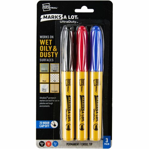 Avery® Marks A Lot UltraDuty Markers, Chisel Tip, 3 Assorted Markers (29864) - 5 mm Bold Chisel, Narrow Narrow Bullet Marker Point - Black, Red, Blue Ink - Polyester Tip - 3 / Pack