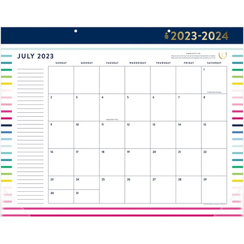 Emily Ley Simplified Academic 2023-2024 Monthly Desk Pad Calendar, Happy Stripe, Standard, 21 3/4" x 17" - Standard Size - Academic - Monthly - 12 Month - July 2023 - June 2024 - 1 Month Single Page Layout - 21 3/4" x 17" White Sheet - Headband - Desk Pad